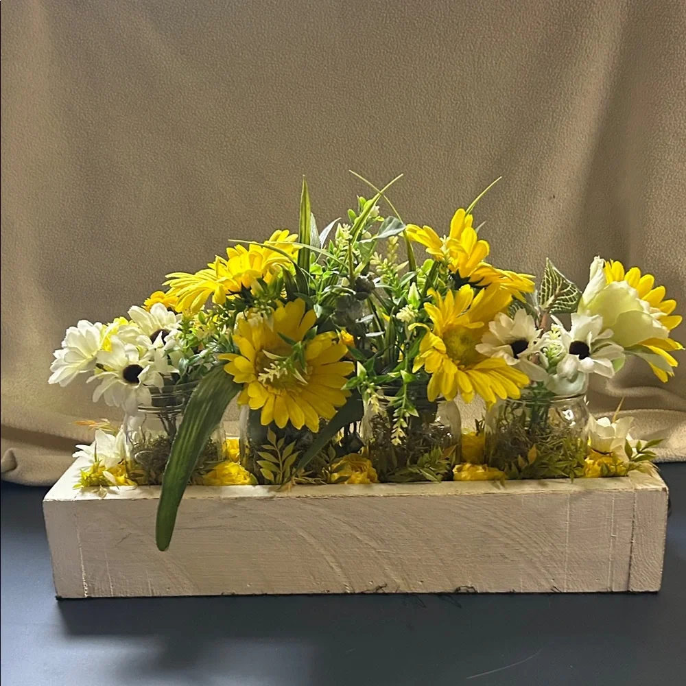 Yellow and White Floral Arrangement in Wooden Box homemade